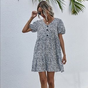 Dalmatian Print Button FrontRuffle Hem Smock Dress